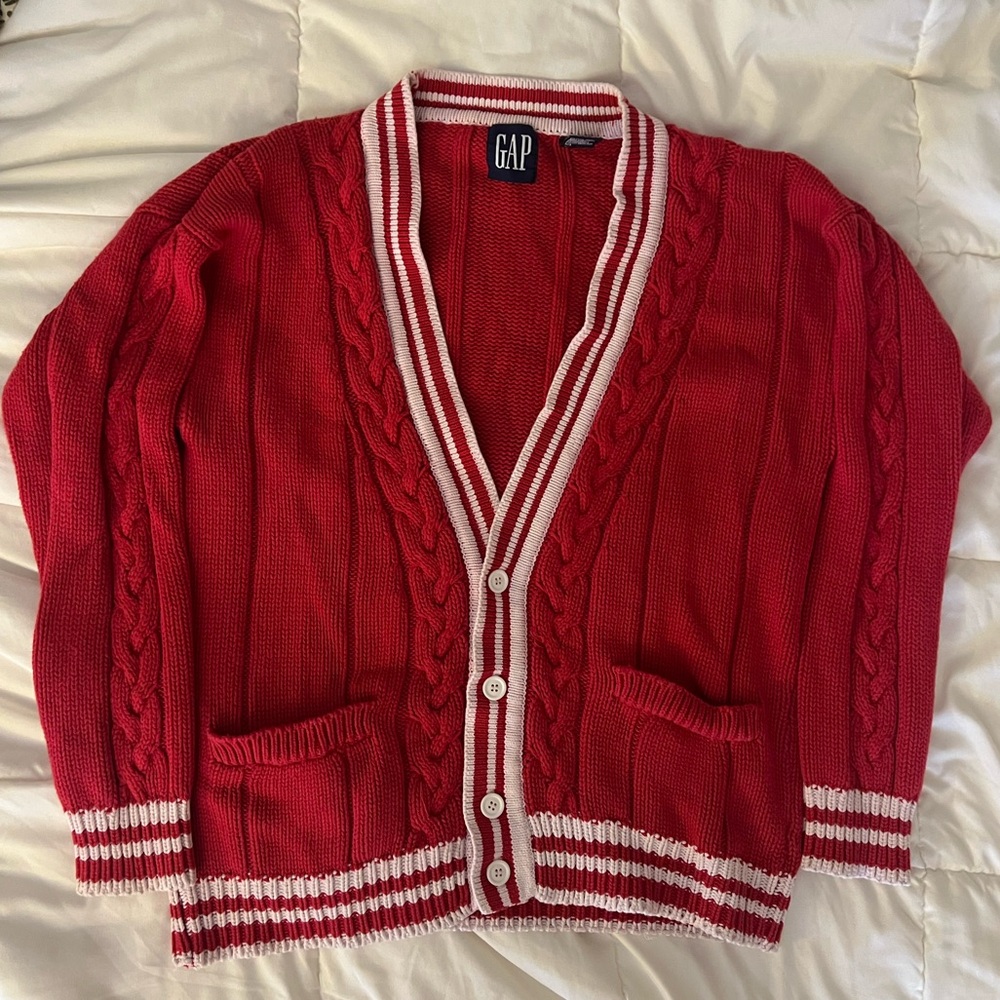 True Vintage GAP Red Cardigan Sweater w/ white stripes